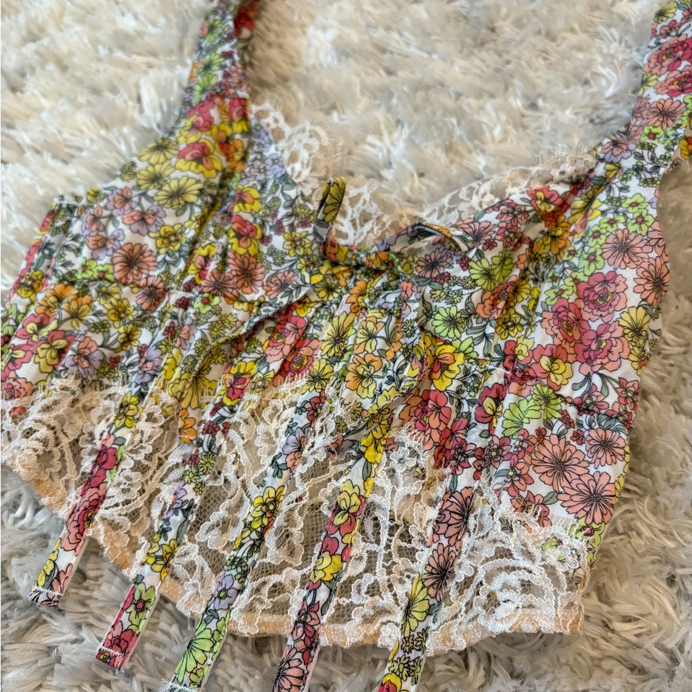 For Love And Lemons Pink Yellow Floral Corset Top